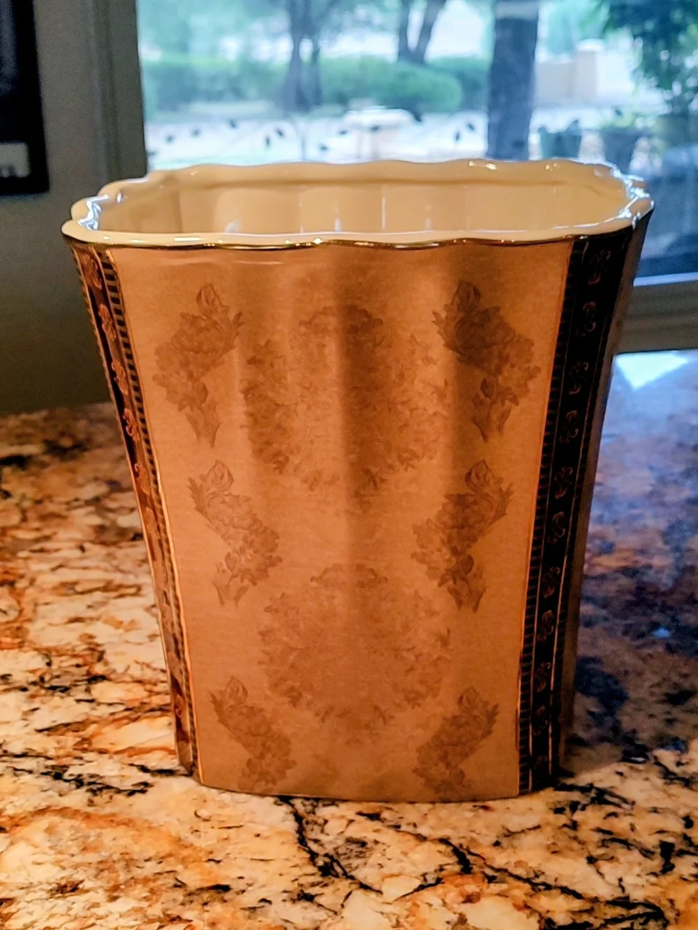 Croscill Brown, Cream and Gold Ceramic Wastebasket with Damask Trim
